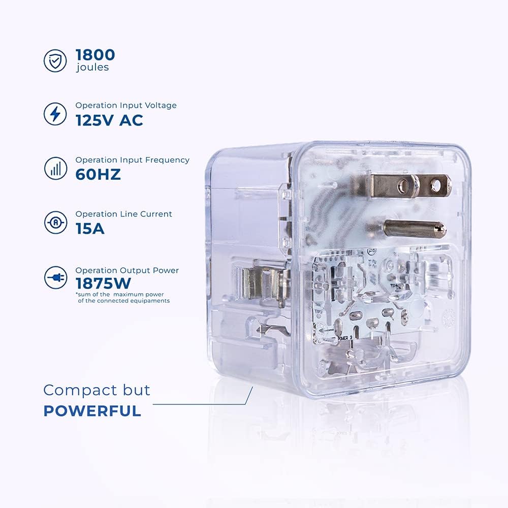 Clamper 3-Outlet Surge Protector 1800 Joules, 1875W, for TV, PC, Xbox, PS5, Refrigerators and Other Appliances (Compact Wall Surge Protector), iCLAMPER Power 3, 1-Pack Clear