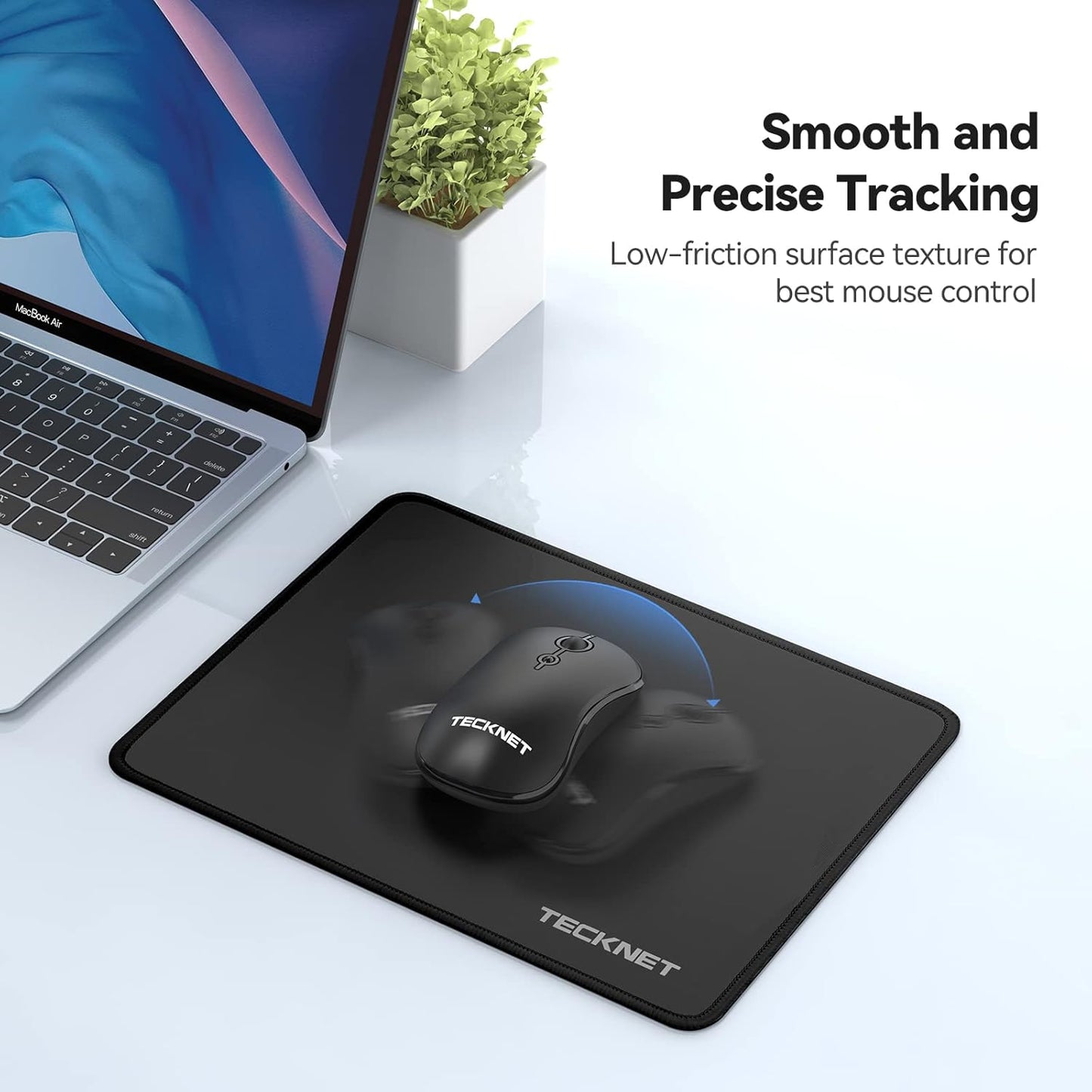 TECKNET Mouse Pad with Anti-fray Stitching, Waterproof Surface & Non-Slip Rubber Base with Stitched Edges Gaming Mouse Mat for Laptop，Compatible with Laser and Optical Mice - Black