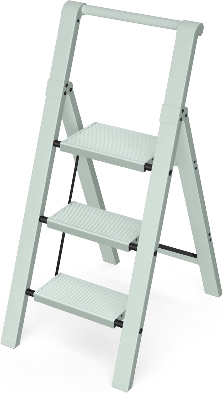 Taranta 3 Step Ladder,Lightweight Aluminum Step Stool with Convenient Handgrip, Folding Ladder with Anti-Slip Pedals, 330lbs Capacity Stepladder for Home, Office, Kitchen-Fairyland Green