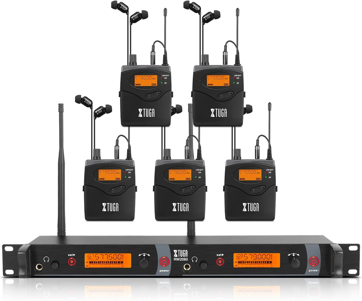 XTUGA RW2080 Wireless in Ear Monitor System Mono Design Dual Channel Wireless IEM System 5 Bodypacks, 300Ft, 40 UHF Frequencies, in Ears Monitors for Band, Stage or Studio, 902-928mhz
