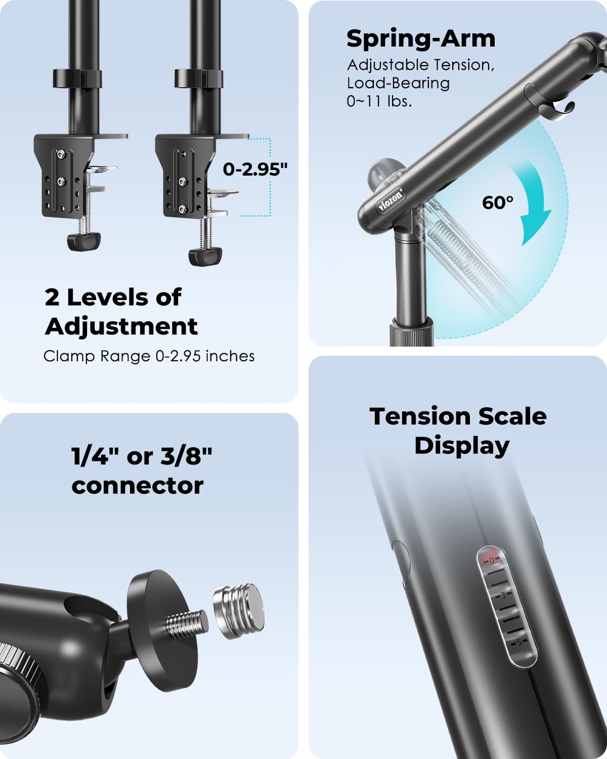 Viozon Overhead Camera Mount, Overhead Phone Stand, Flexible Aluminum Alloy Spring Arm with 360° Ball Head,1/4"&3/8" Interface for DSLR Camera/Rrojector/Microphone/Ring Light/Webcam/Phone