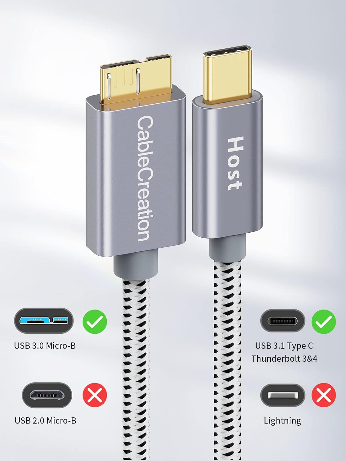CableCreation 2FT USB C to Micro B Cable,10Gbps Speed External Hard Drive Braided,USB 3.1 Type C to Micro B Work for iPhone 15 Series,Seagate WD Westgate My Passport,MacBook Pro/Air, iPad/Tablet,Grey