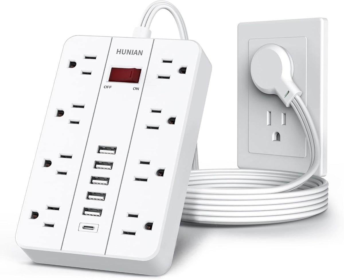 Power Strip with USB, Flat Plug Extension Cord Surge Protector 5 Ft, HUNIAN Power Strip with 8 Widely Spaced Outlets 6 USB Charger (1 USB C Port), Desk Charging Station for Home Office, White