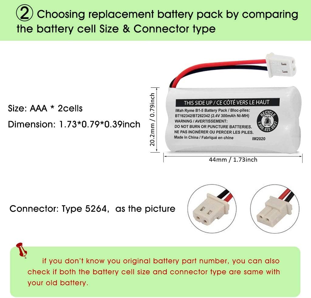 iMah BT162342/BT262342 2.4V 300mAh Ni-MH Cordless Phone Battery Pack, Also Compatible with BT183342/BT283342 AT&T BL102-3 EL52351 TL90070 VTech CS5119 DS6511 DS6722 LS6305 Handset, 3-Pack