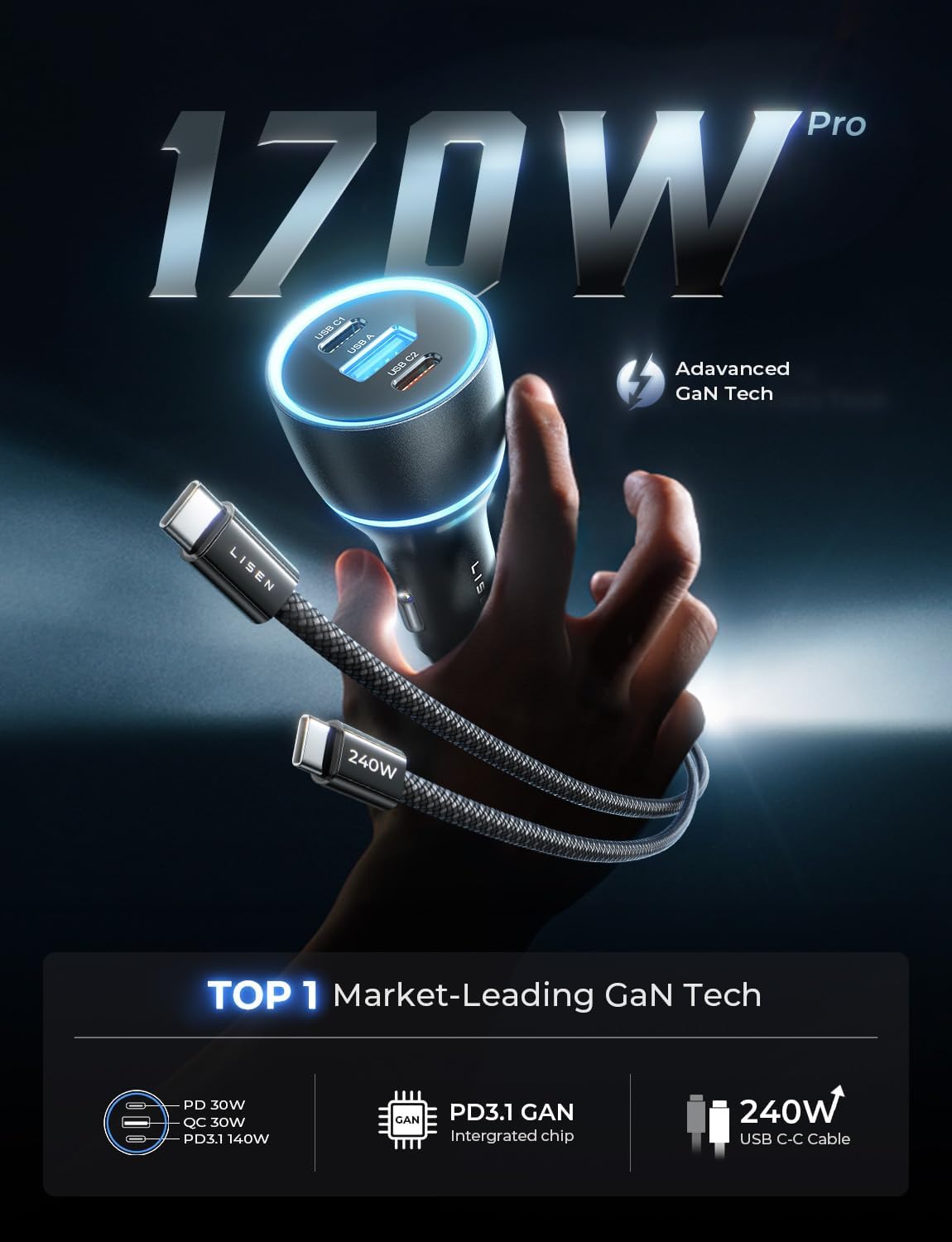 LISEN 170W Car Charger USB C Fast Charging for iPhone 16 Pro Max GaN PD3.1 140W+PD30W Cigarette Lighter Adapter Super Fast Car Charger Type C for Laptop Samsung Galaxy S25 Ultra MacBook Pro iPad Drone