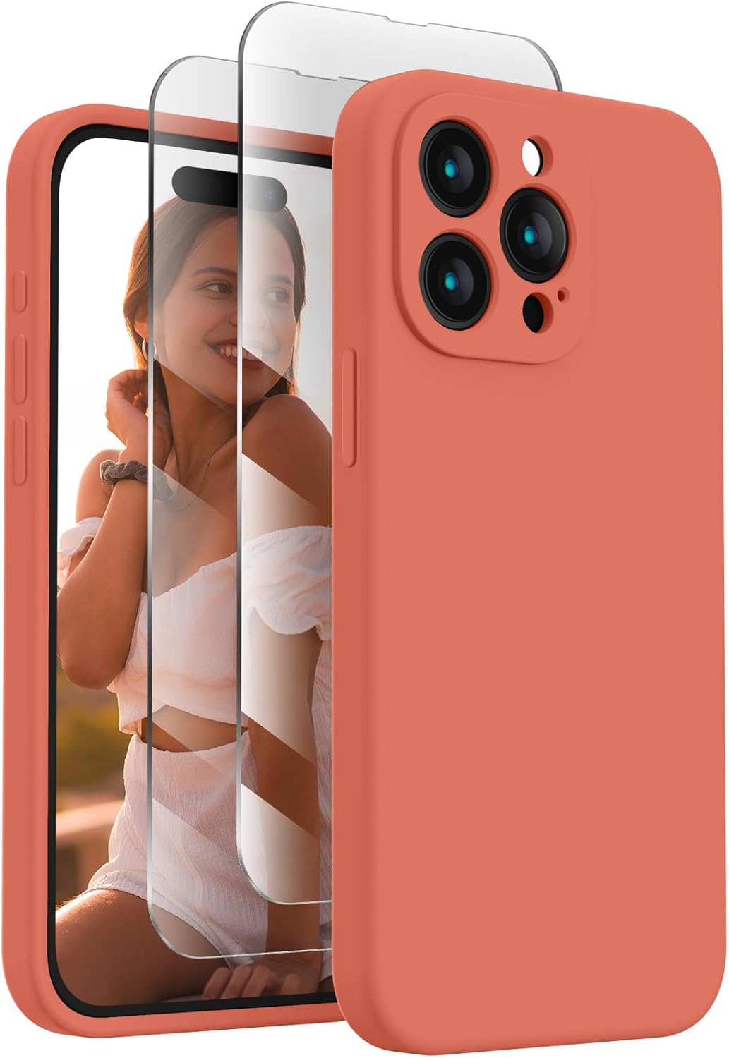 FireNova Designed for iPhone 15 Pro Case, Silicone Upgraded [Camera Protection] Phone Case with [2 Screen Protectors], Soft Anti-Scratch Microfiber Lining Inside, 6.1 inch, Pink Pomelo