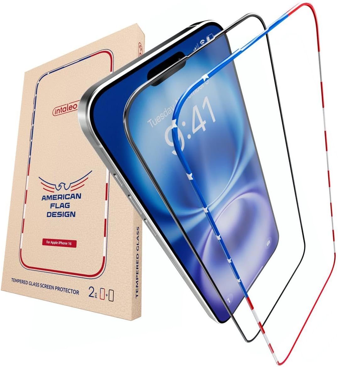 Screen Protector for IPhone 15/16- Tempered Glass Screen Protector for IPhone 16/15 with Frame US FLag Color and Black - Full Screen Coverage 9H - Easy Installation (2 Pack)