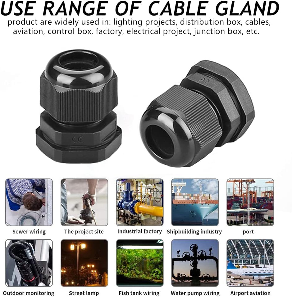 PENGLIN Cable Glands NPT Nylon Cable Connector, Strain Relief Cord Connector, IP68 Waterproof Adjustable Locknut(1/4" 1/2" 3/4" 1" Glands Combo(16-Pack))
