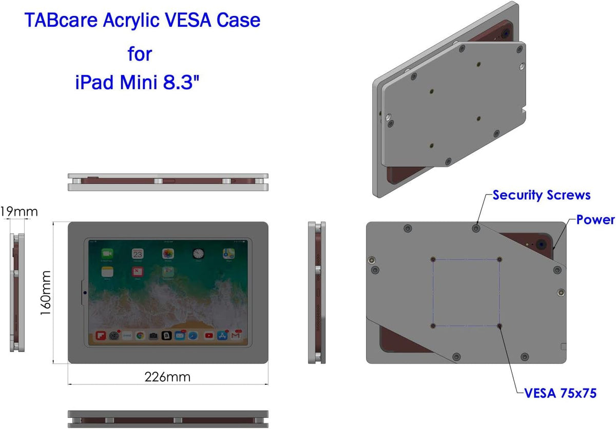 TABcare Anti-Theft Acrylic VESA Enclosure for Apple iPad mini 6 7 8.3" with Free Wall Mount Kit & 90-Degree Angle USB C Charge Cable (iPad mini 6/7 8.3", White)
