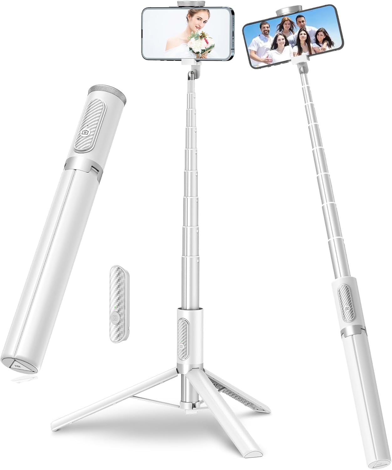 TONEOF 68" Travel Tripod,Selfie Stick,All-in-1 Phone Stand with Integrated Wireless Remote,Lightweight and Portable,Extendable for iPhone and Android(White)