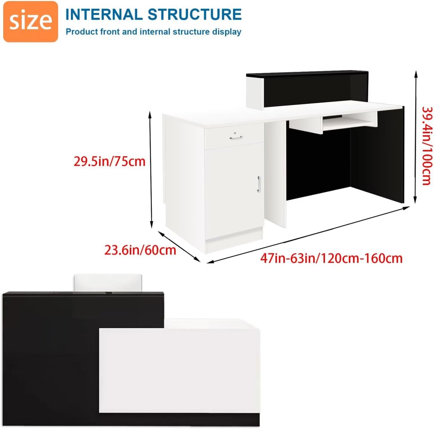 Reception Desk with Counter Modern Checkout Counter with Lockable Drawer Keyboard Tray Receptionist Desk for Office Salon Reception Table B Right 59inch/150cm