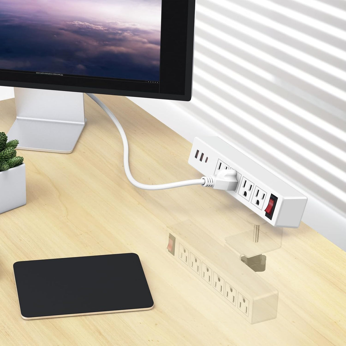 Desk Clamp Power Strip with PD20W USB-C, 2 in 1 Dual Layer Under Desk Power Strip, Removable Clamp Power Socket with 10AC Outlets & Switch, 6ft Extension Cord(ETL Listed)