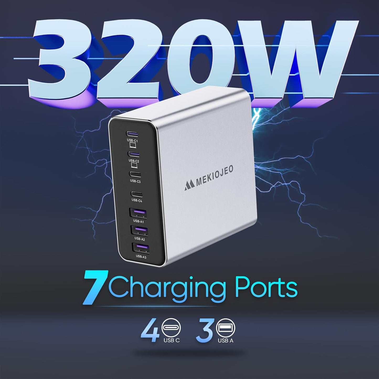 Aluminum Alloy USB C Charger GaN Fast USB C Charging Station 7 Ports 65W Laptop Charger for MacBook Pro/Air/iPad Pro/iPhone (Silver-4C3A)