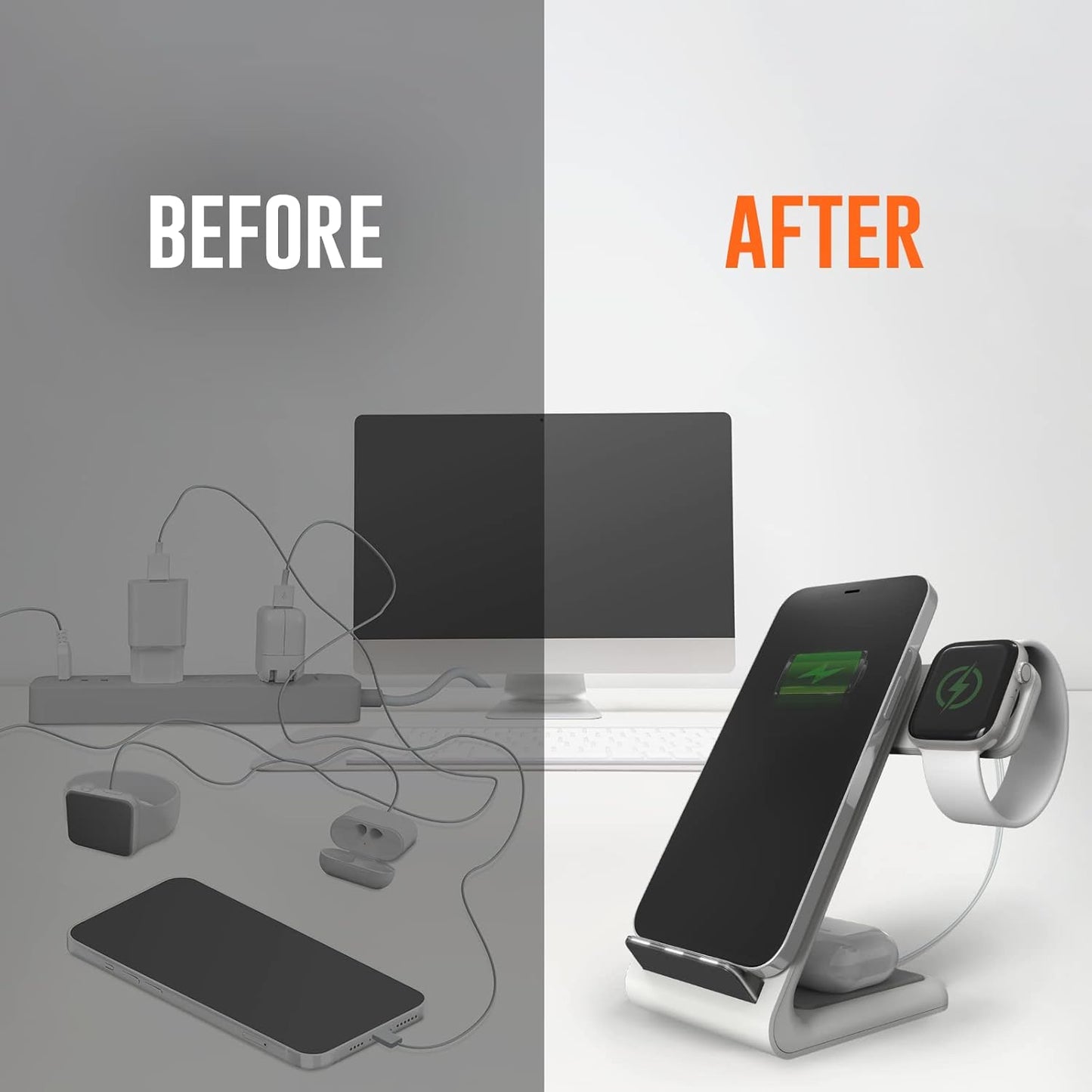 STM ChargeTree Swing 3-in-1 Wireless Charging Station for iPhone/Samsung/Android (15W/7.5W), AirPods (5W), Apple Watch (3W). Qi-Certified Stand, White