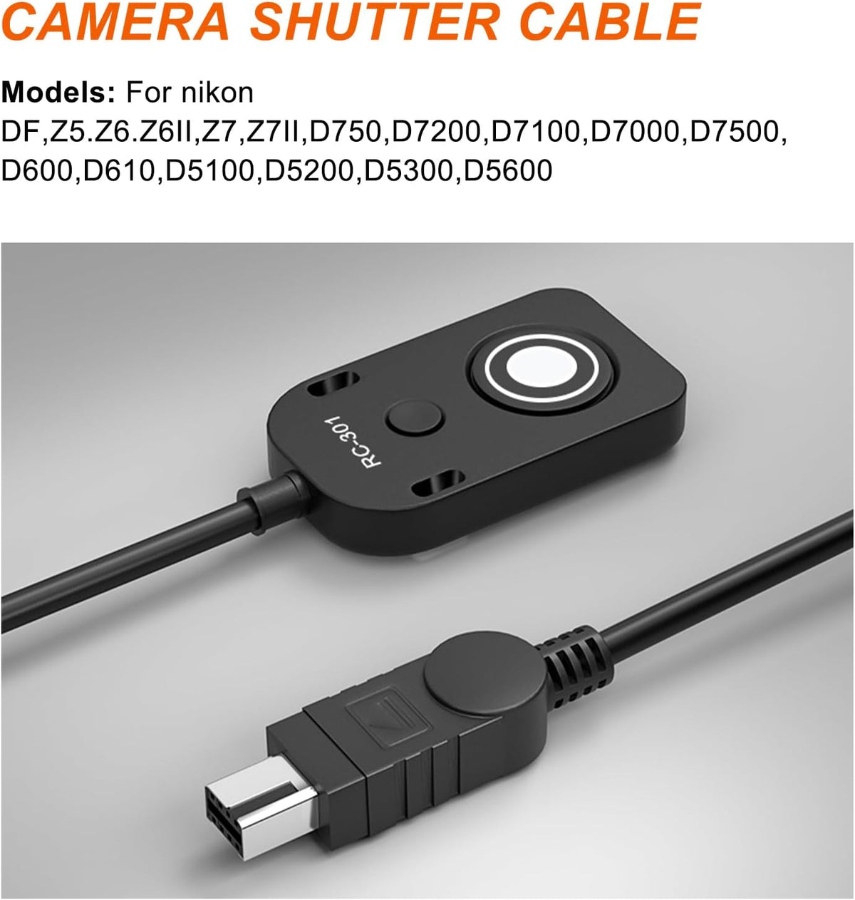 for Nikon Cable Release (MC-DC2) D750 D7200 Z6 Z7 Z7II Remote Camera Small Shutter Release Remote Control Wired Remote Photo Accessory D7500 D3300 D600 D90 D3200D7000 (RC301-DC2 NK 196.8in/5m)
