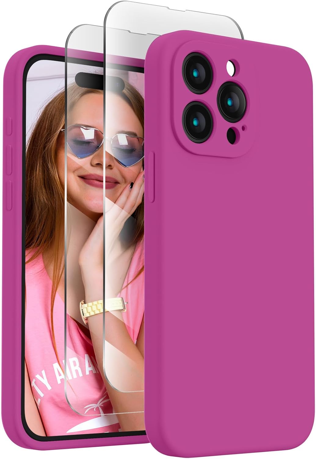 FireNova Designed for iPhone 15 Pro Case, Silicone Upgraded [Camera Protection] Phone Case with [2 Screen Protectors], Soft Anti-Scratch Microfiber Lining Inside, 6.1 inch, Shocking Pink