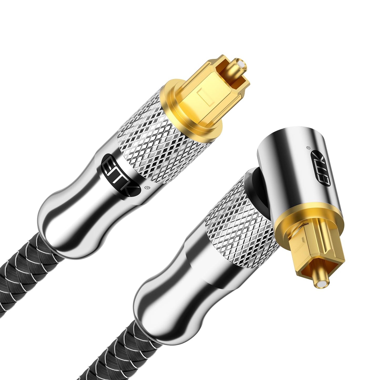 EMK Premium 24K Gold-Plated Right Angle Optical Cable – 90° Toslink to Toslink (0.6M/2Ft), 360° Rotatable for Soundbars, TVs & Home Theater