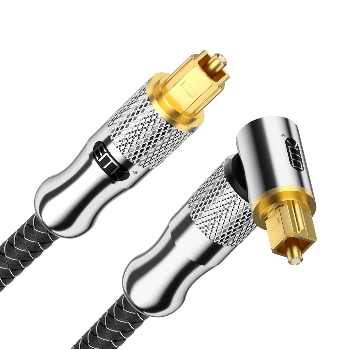 EMK Premium 24K Gold-Plated Right Angle Optical Cable – 90° Toslink to Toslink (6M/20Ft), 360° Rotatable for Soundbars, TVs & Home Theater