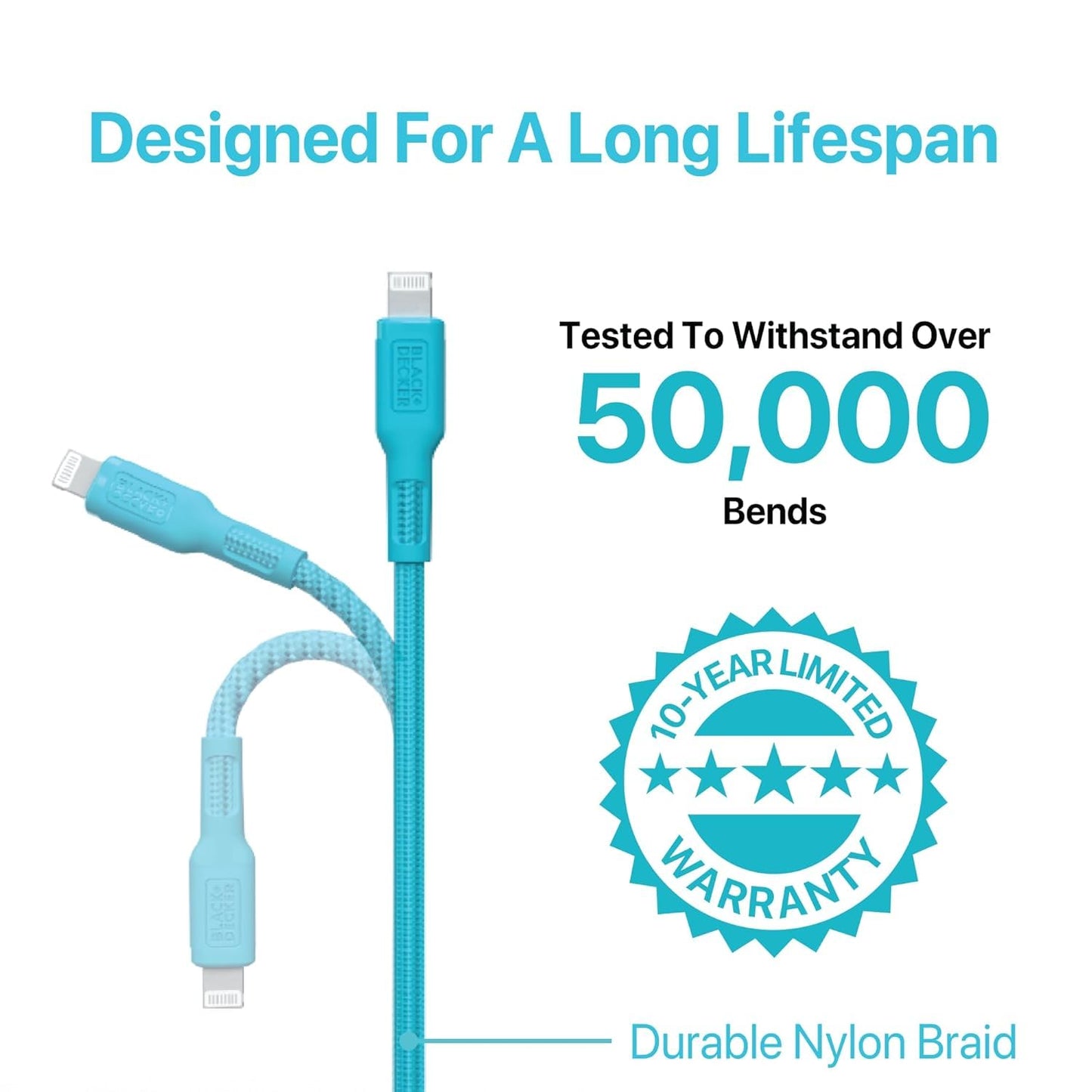 BLACK+DECKER USB C to Lightning Cable - Fast Compatible iPhone Lightning Cable - Durable Braided Type C iPhone Charger Cord - for Travel and Daily Use - Multiple Colors and Lengths - 6ft