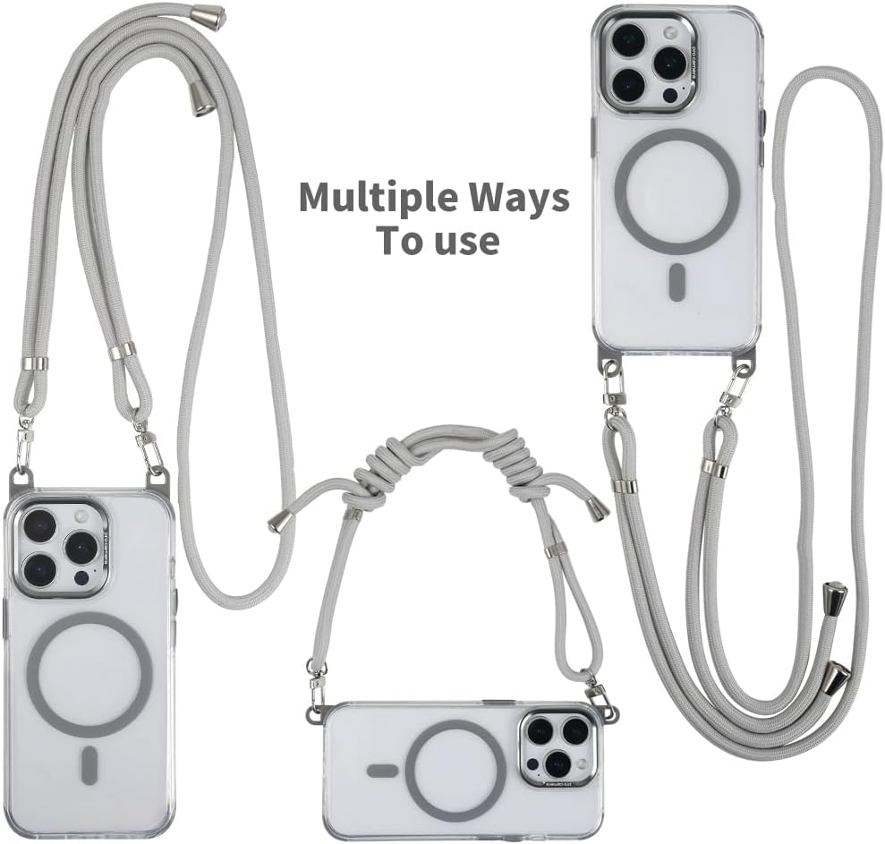 for iPhone 15 Pro Max Case with 62.99 inch Lanyard, Classic Clear&Gray Magnetic Phone Case, Drop&Shockproof Protection Cases, Phone Holder Lanyard, Compatible with Magnet Accessory