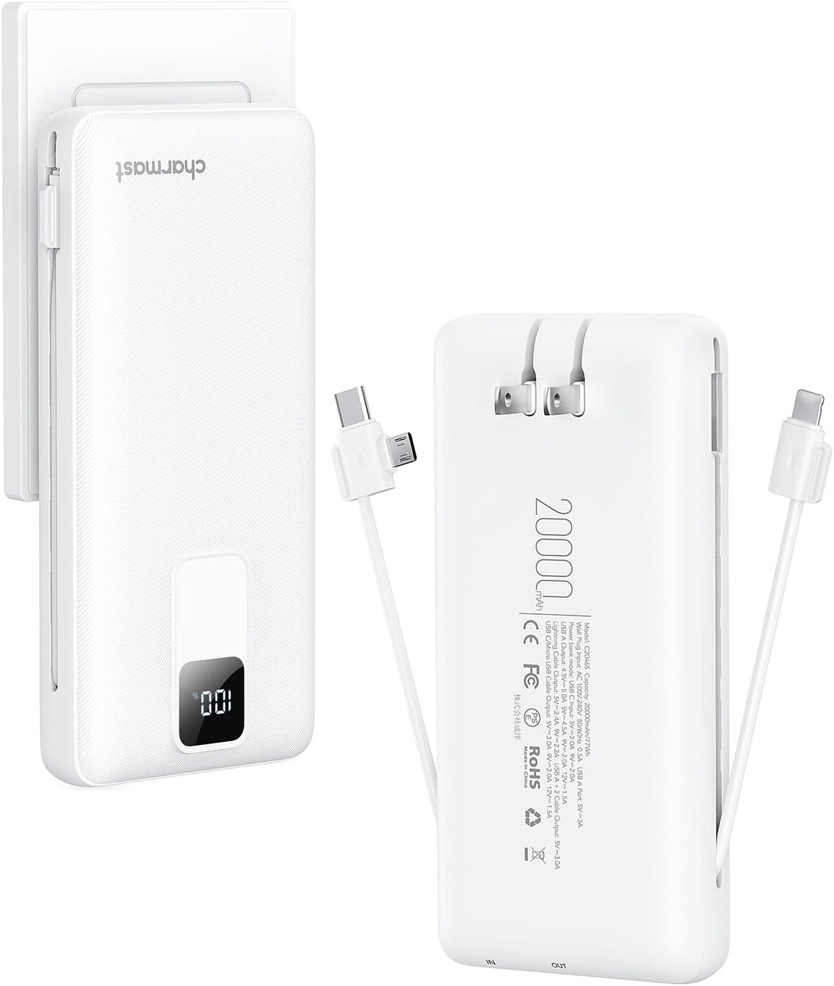 Charmast Portable Charger with Built-in Cables and Wall Plug, 20000mAh 20W USB C Power Bank Fast Charging Battery Pack Travel Essentials Compatible with iPhone 16/15/14/13 Series, Samsung Google iPad