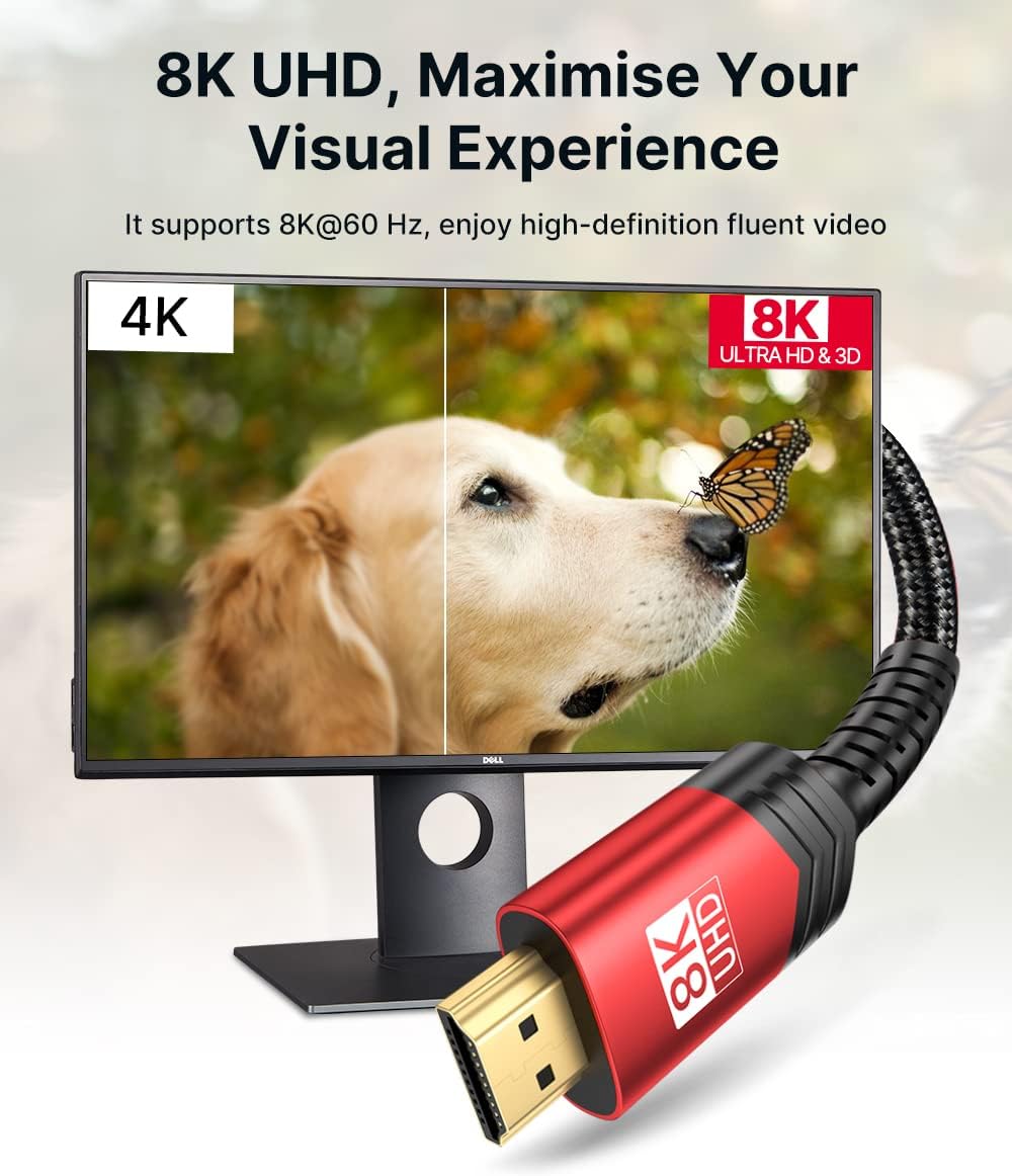 JSAUX 8K HDMI Cable 2 Pack 3ft, 48Gbps High Speed HDMI 2.1 Braided HDMI Cord, 4K 120Hz 144Hz, 8K 60Hz, Dynamic HDR, DTS:X, 2K, 1080P, 3D, eARC Compatible with Laptop, TV Gaming Monitor PS5 PS4 -Red