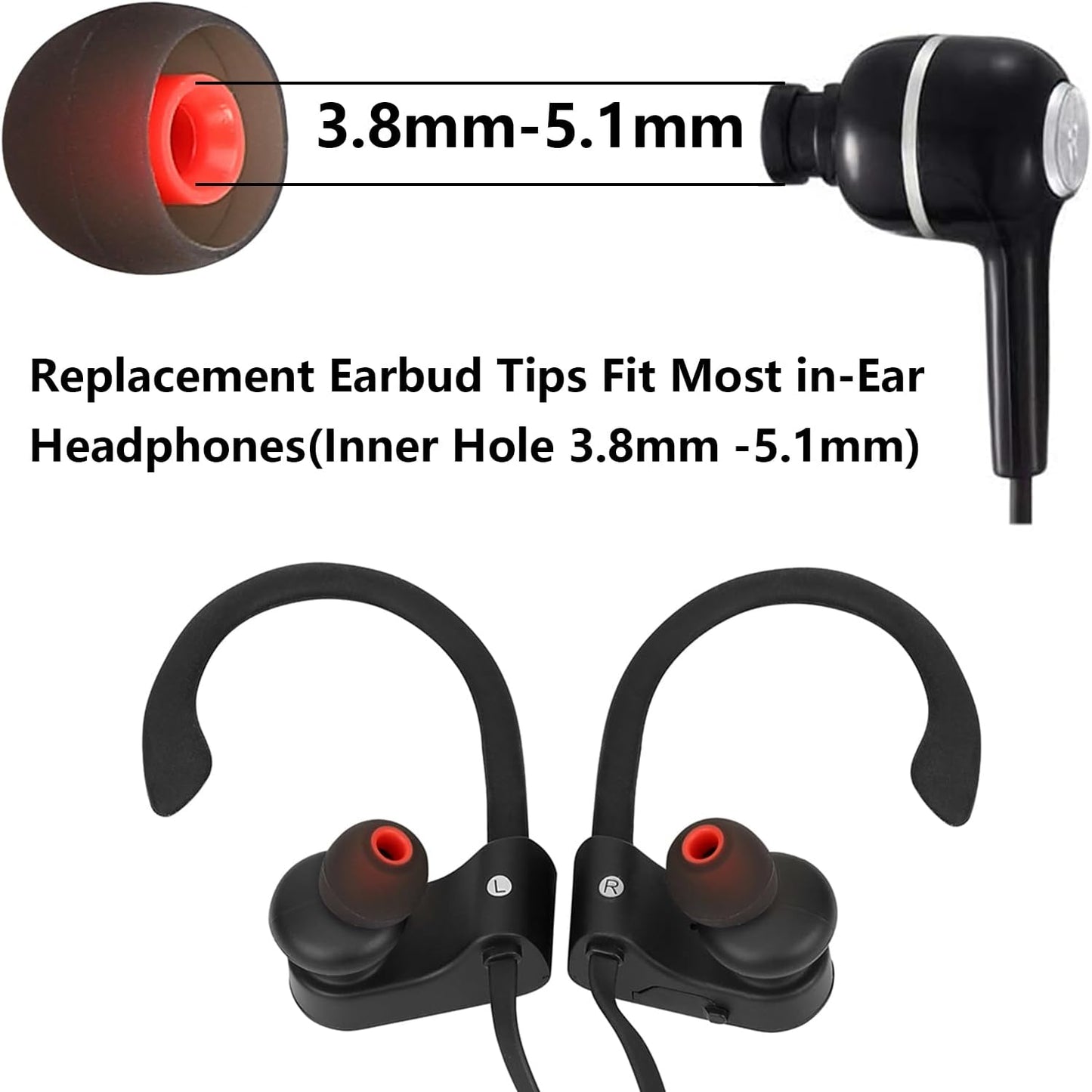 Silicone Earbud Tips - Fit for In-Ear Headphones (Inner Hole 3.8mm-5.1mm) - 9 Pairs S/M/L