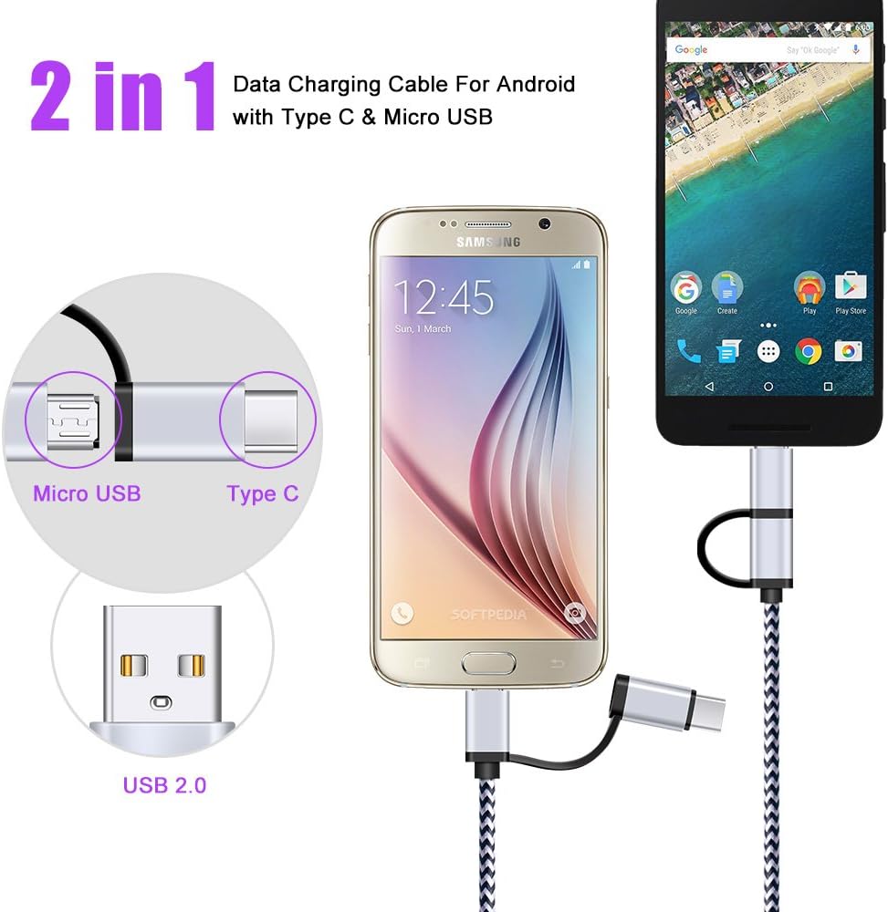 USB C Cable, SIXSIM 3Pack 6Ft 2 in 1 Cable Type C Charger Cable Nylon Braided USB A and Micro USB Cable for iPhone 16/16 Pro/16 Pro Max, Samsung Galaxy S24 S23 Ultra S22 S21 Plus, More Android Devices