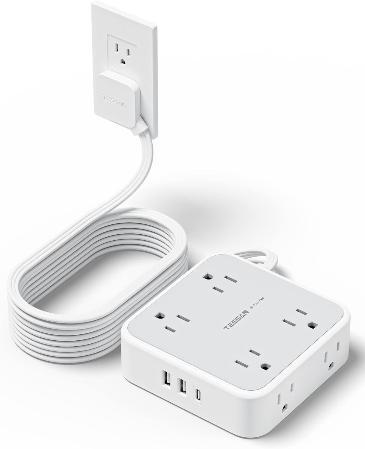 TESSAN Surge Protector Power Strip 15 Ft Cord, 8 Widely Spaced Outlets, 3 USB Charger(1 USB C Port), Ultra Thin Flat Plug Extension Cord 15 Feet, 900J Surge Protection for Home, Dorm Room Essentials