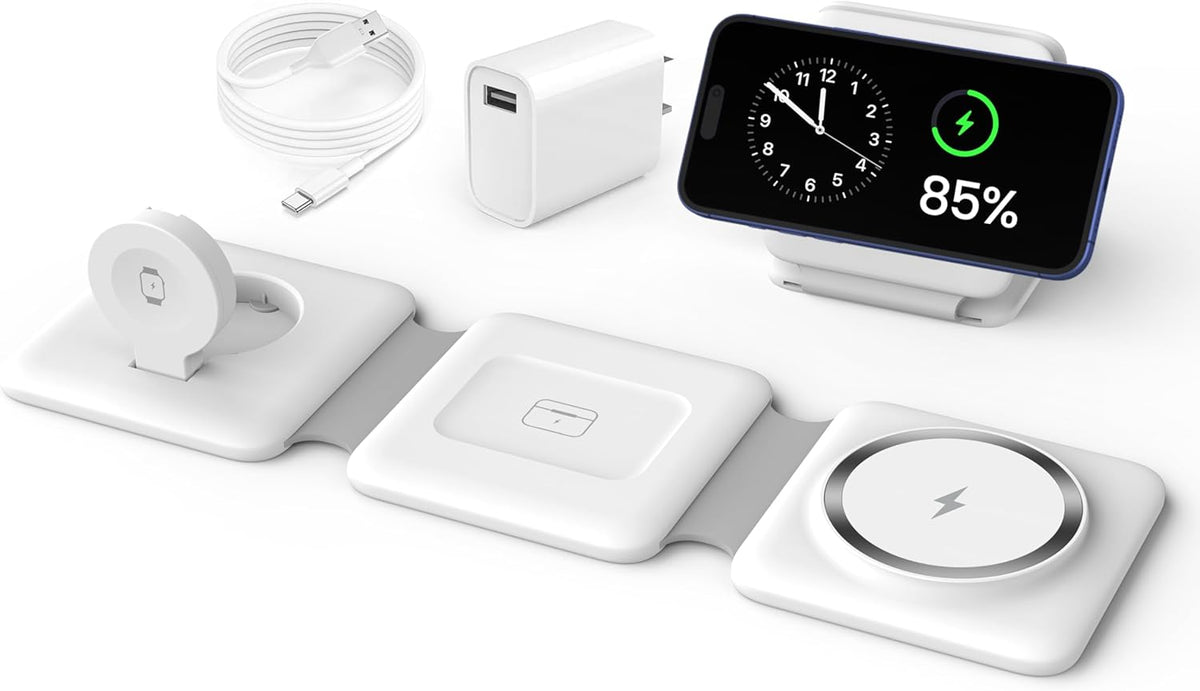 Charging Station for Apple Multiple Devices - 3 in 1 Foldable Magnetic Wireless Charger Dock - Travel Charging Pad for iPhone 16 15 14 13 12 Pro Max Plus Watch & Airpods