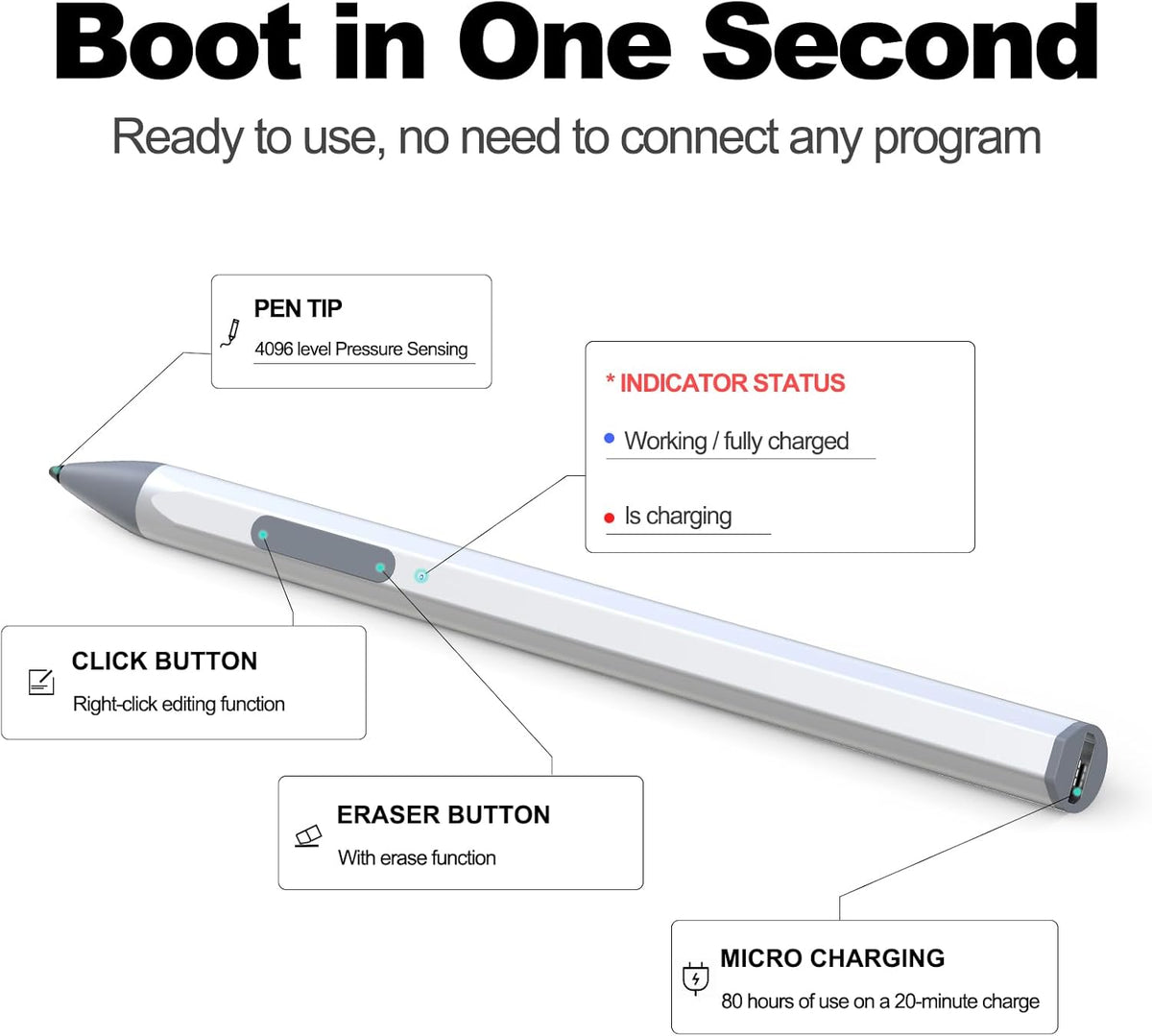 ASUS Stylus Pen for Transformer/Vivobook Flip/Notebook Touchscreen Laptop/Tablet - Rechargeable, 4096 Pressure Sensitivity, MPP 2.0 Tilt Pencil, Silver