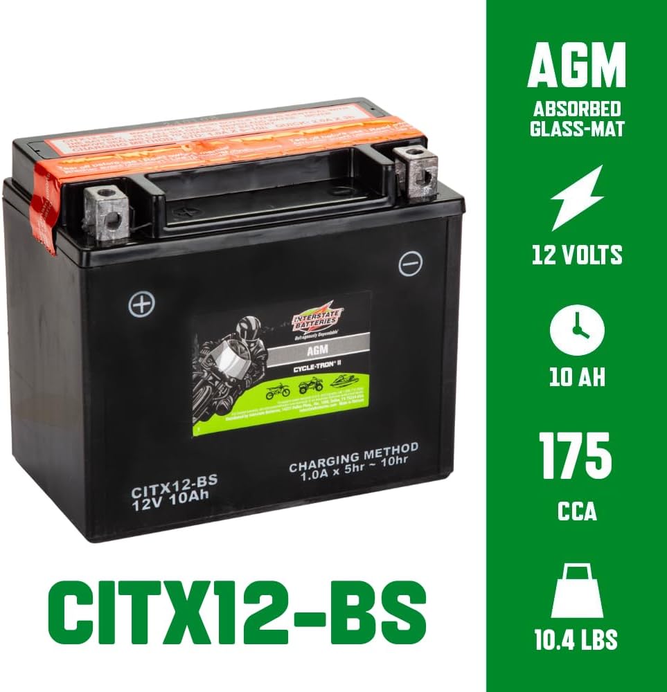 Interstate Batteries YTX12-BS 12V 10Ah Powersports Battery 175CCA AGM Rechargeable Replacement for Honda, Kawasaki, Suzuki Motorcycles, Scooters, Bikes, ATVs, UTVs (CITX12-BS)