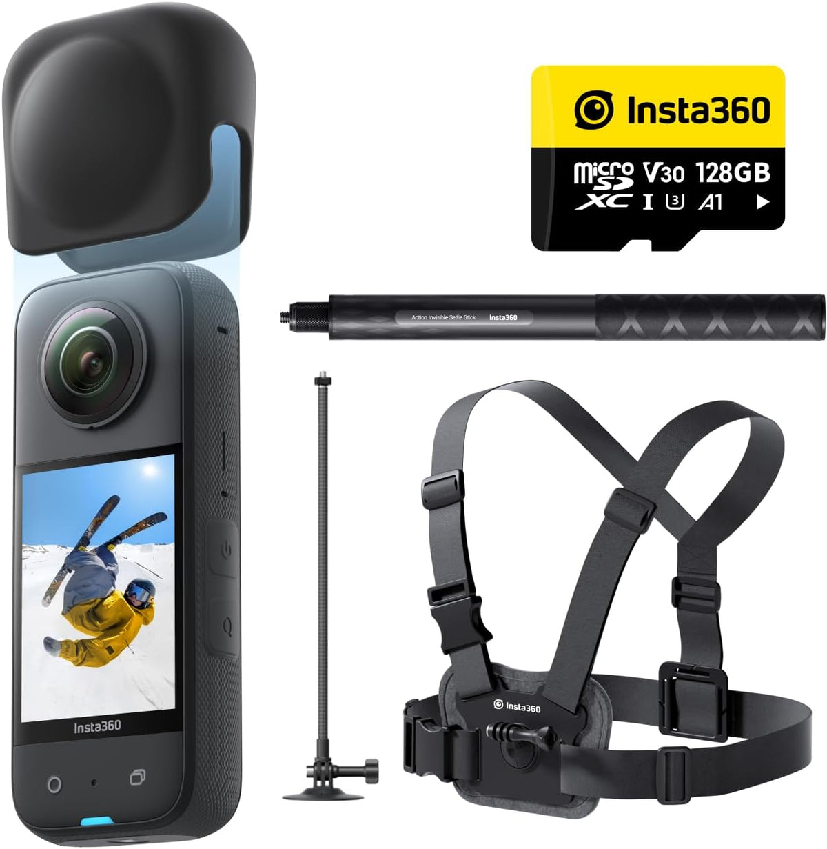 Insta360 X3 Snow Kit (New Version) - 360 Action Camera with 5.7K 360 Active HDR Video, 4K Single-Lens Camera, Waterproof, FlowState Stabilization, 2.29" Touchscreen, AI Editing, Wintersports