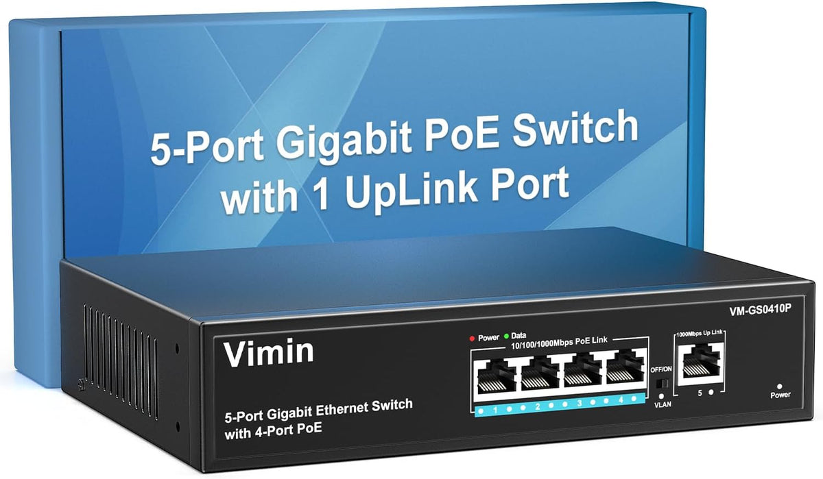 4 Port Gigabit PoE Switch with 1 Uplink Gigabit Ports, VIMIN 5 Port Unmanaged Ethernet PoE Switch with 72W Power, Support IEEE802.3af/at, VLAN, Metal Housing, Desktop or Wall-Mount, Plug & Play
