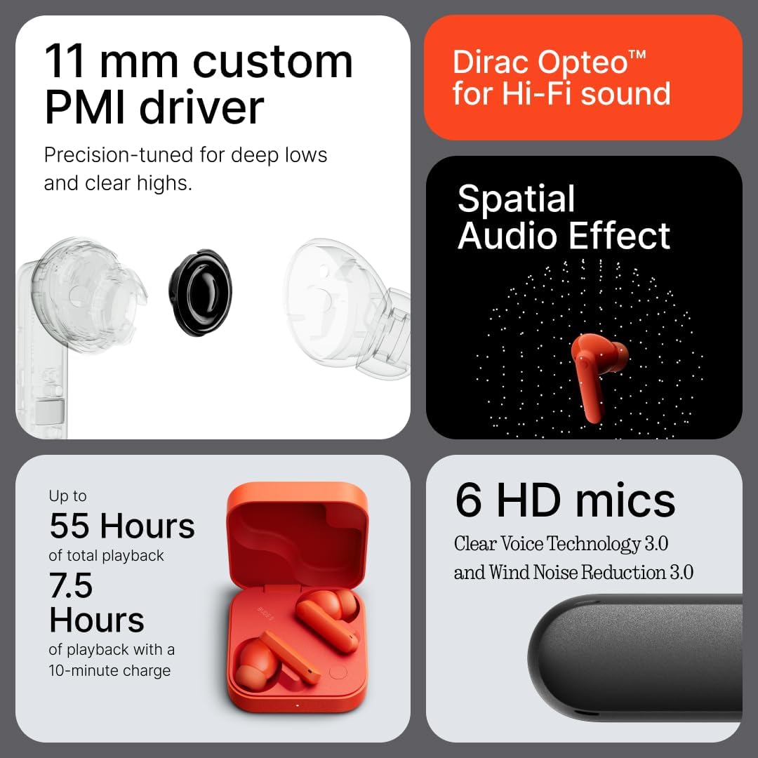 CMF Buds 2 Wireless Earbuds, 2025New Bluetooth Headphones with 48dB Hybrid ANC, Ultra Bass Technology Active Noise Cancellation Earphones, 55H Playtime, 6HD Mics, ChatGPT Integration Light Orange
