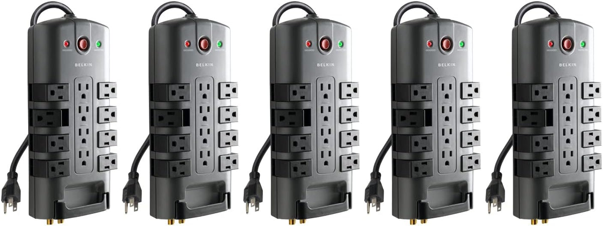 Belkin Surge Protector w/ 8 Rotating & 4 Standard Outlets (Pack of 5) - 8ft Sturdy Extension Cord with Flat Pivot Plug for Home, Office, Travel, & Desktop - Power Strip - 4320 Joules