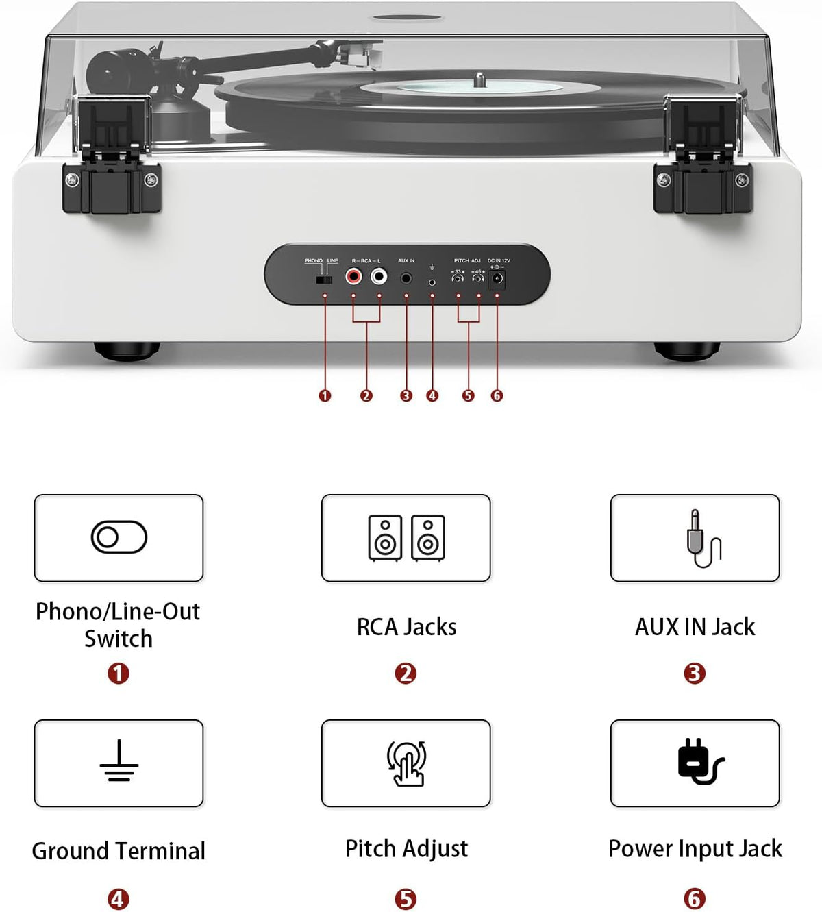 1 by ONE All-in-One Record Player with Wireless Input, High Fidelity Belt Drive Turntable with Built-in Speakers, Magnetic Cartridge AT-3600L, Built-in Preamp, Piano Lacquer White