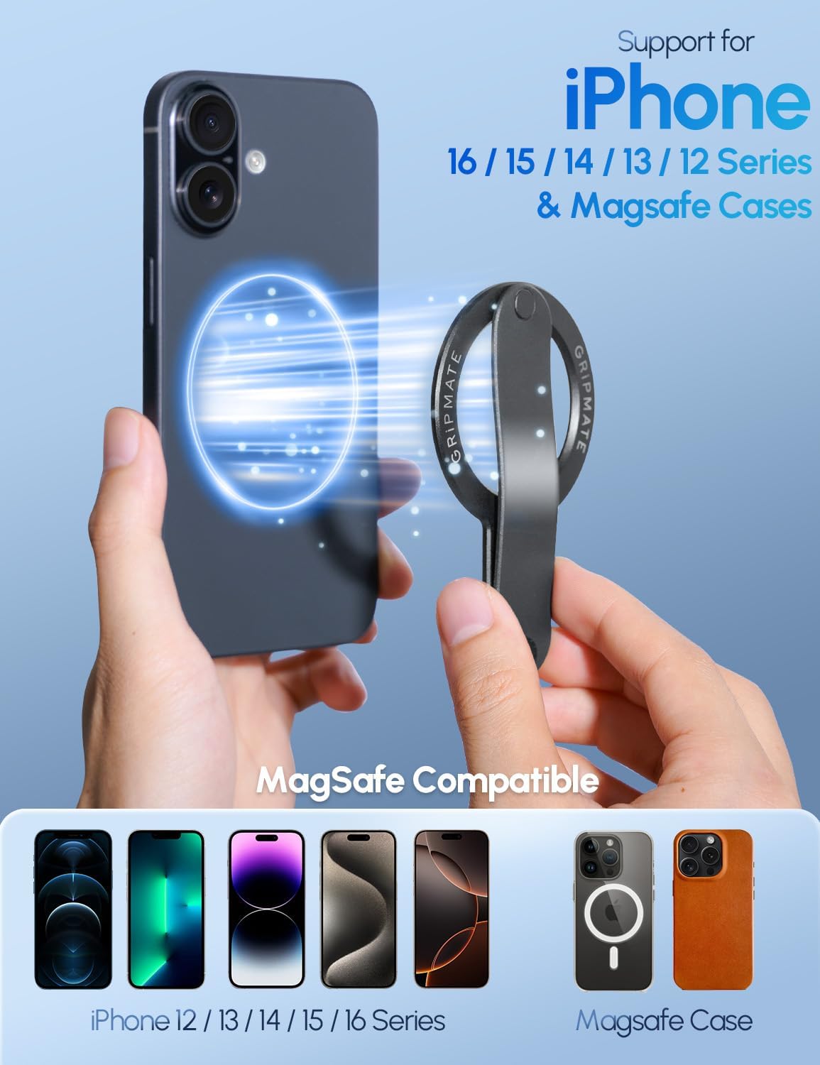 MagSafe Phone Grip for iPhone - Magnetic Phone Ring Holder Detachable for iPhone 16 - Comfortable Finger Phone Ring Grip for Apple 15/14/13/12,Black