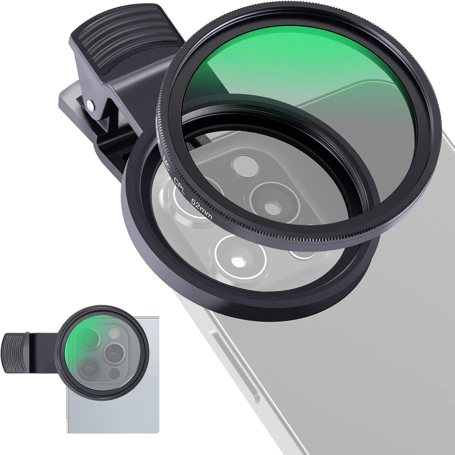 NEEWER 52mm CPL Filter for Phone, Clip On Circular Polarizing Lens Filter with Phone Clip, Storage Case & Cleaning Cloth, Compatible with iPhone Samsung Galaxy Android DSLR Camera, FL-26