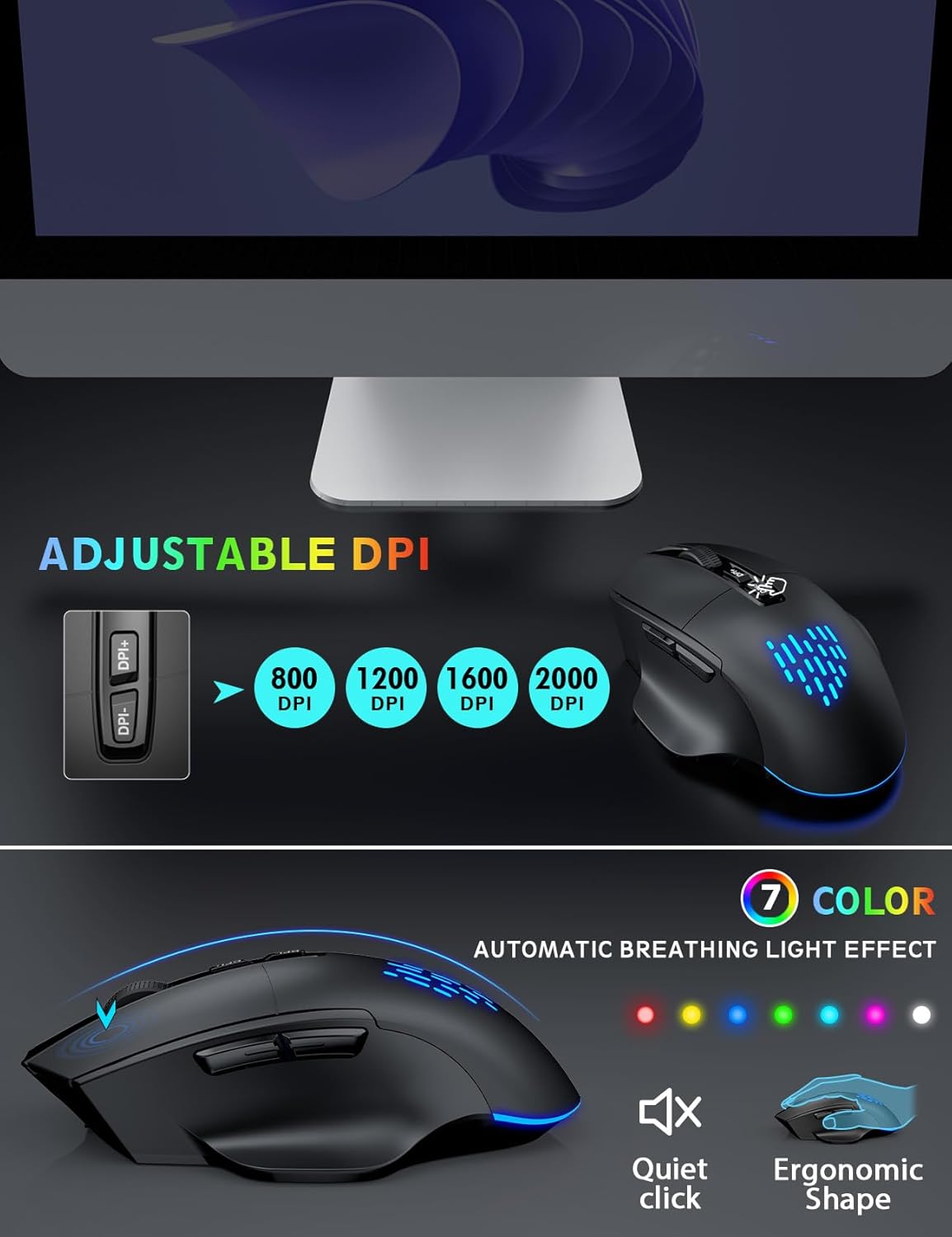 Wireless Keyboard and Mouse Backlits, Wrist Rest, LED Mouse, Rechargeable Ergonomic Keyboard with Phone Holder, Silent Light Up Combo for Computer, Mac, PC, Laptop, Chromebook (Black)