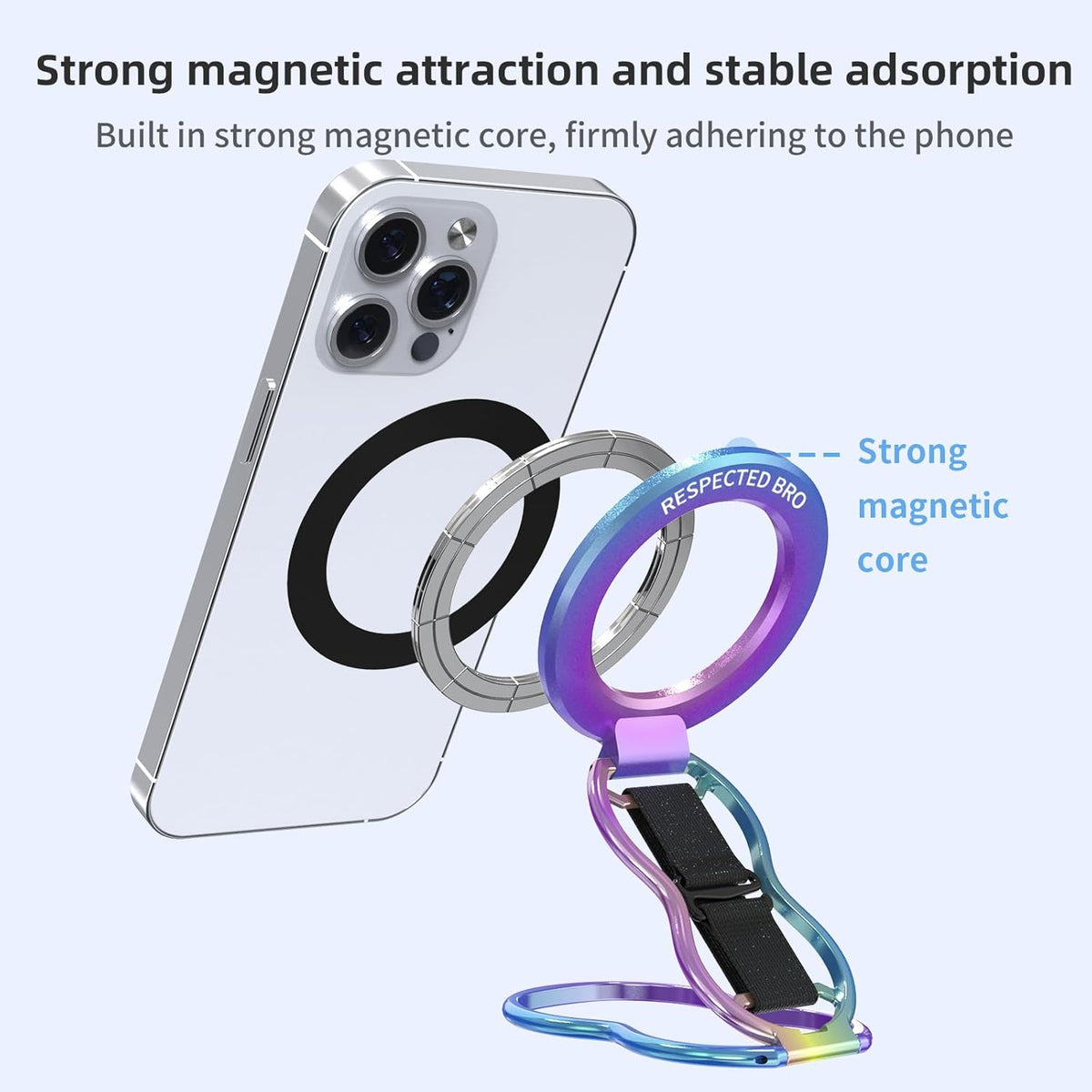 Magnetic-Phone-Grip-Stand-with-Finger-Strap, 4-in-1 Magnetic Ring Holder, Kickstand and Elastic Strap for Smartphones, Universal Fit for iPhone, Android, and Cases (Colorful)
