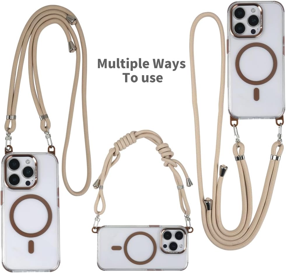 for iPhone 14 Pro Case with 62.99 inch Lanyard, Compatible with MagSafe, Shockproof Military-Grade Protection, Yellowing Resistant, Adjustable Strap Magnetic Phone Case, Classic Clear&Brown