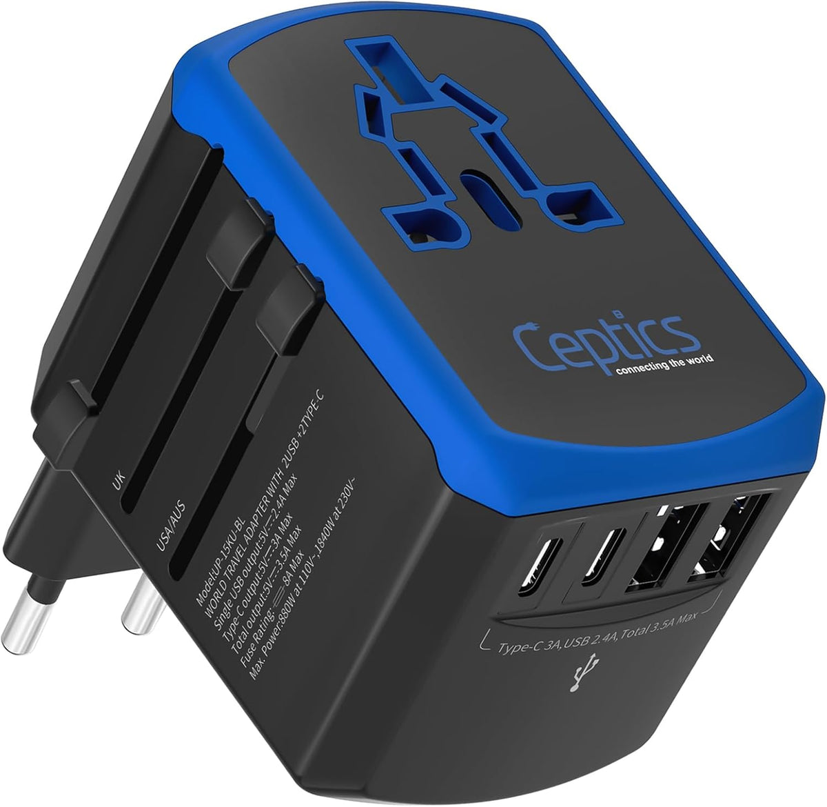 Ceptics Universal Travel Adapter, 5 in 1 Universal Laptop Charger with 2X USB-A & USB-C 3.5A for Mobiles, Laptops, Cameras US, UK, EU, AU, All in 1 Type A, C, G, I Output,