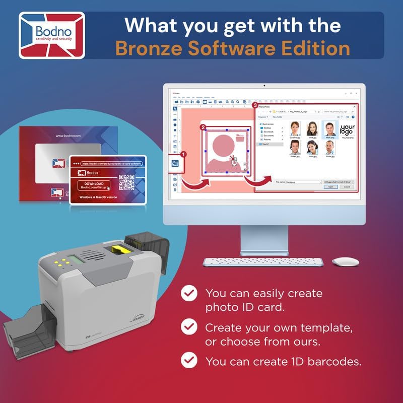 Bodno Seaory S26 Single Sided ID Card Printer & Complete Supplies Package ID Software and Camera - Bronze Edition