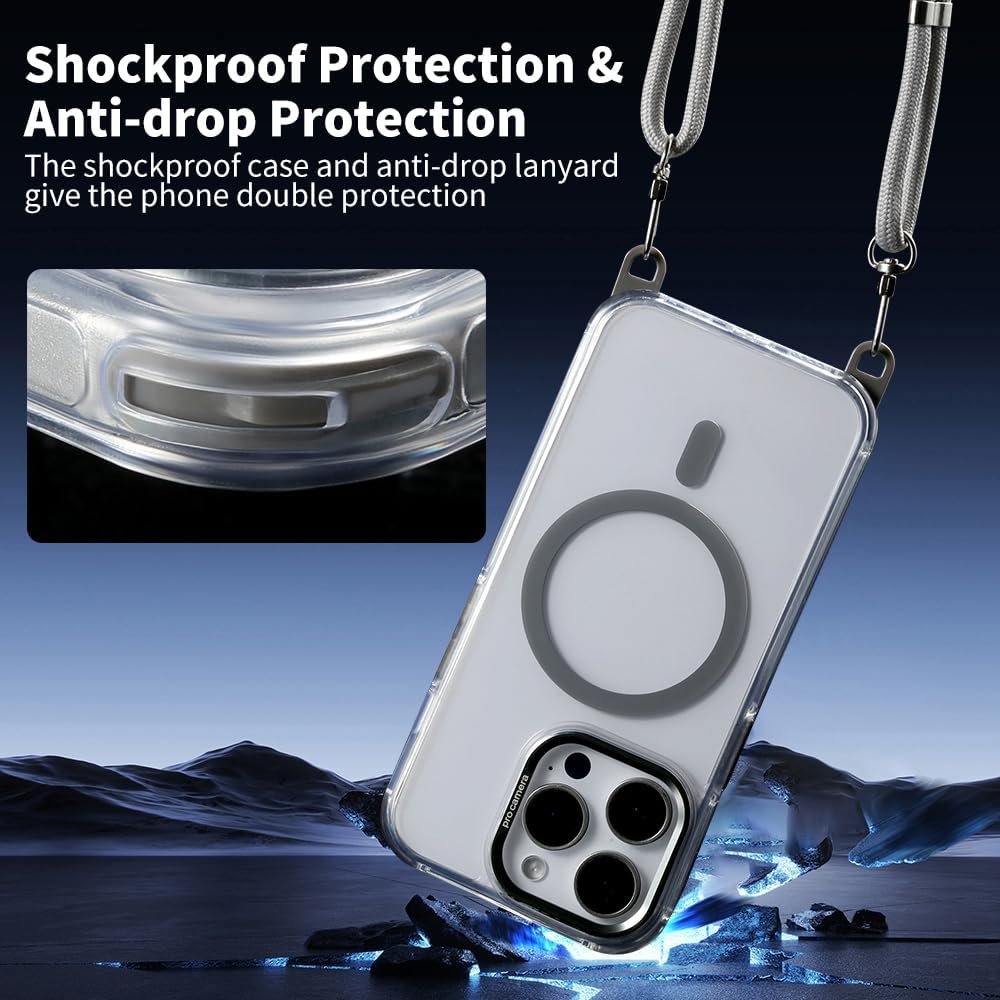 for iPhone 14 Pro Case with 62.99 inch Lanyard, Classic Clear&Gray Magnetic Phone Case, Drop&Shockproof Protection Cases, Phone Lanyard for Around The Neck, Compatible with Magnet Accessory