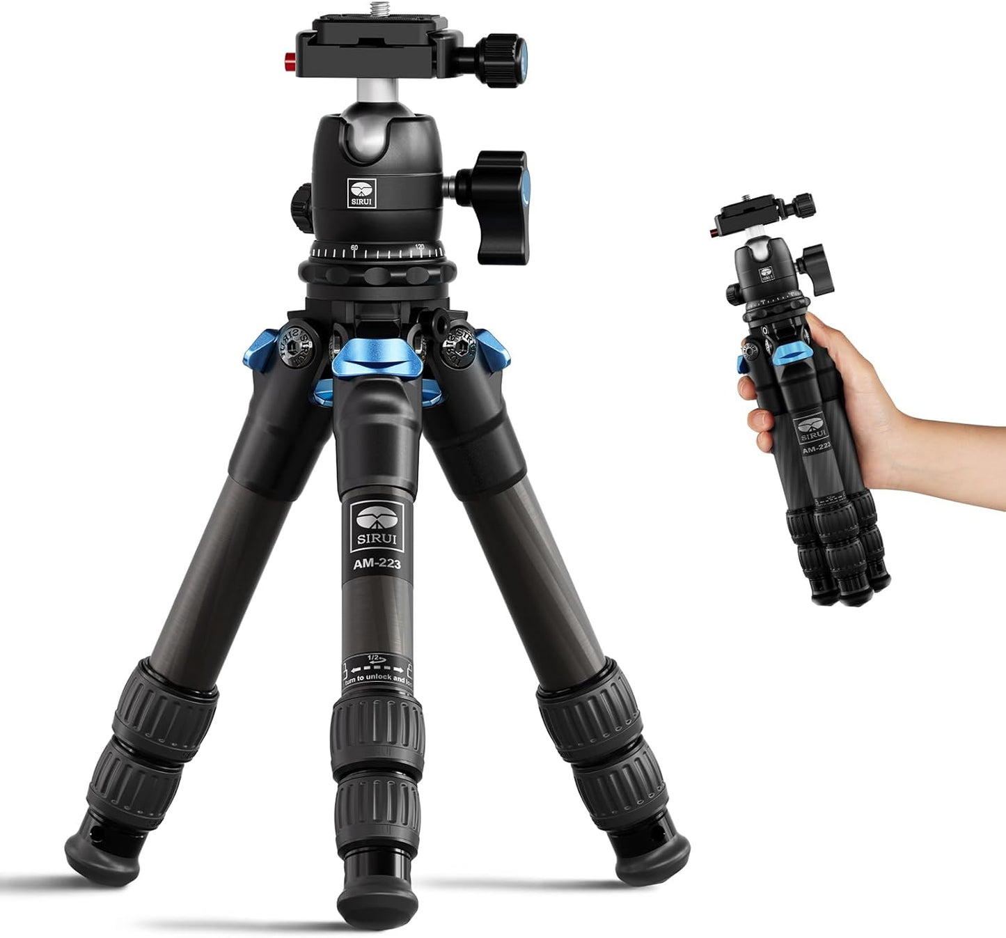 SIRUI Carbon Fiber Travel Tripod with 360° B-00K Arca-Swiss Ballhead, Mini Desktop Tripod for Mirrorless Cameras, Folded Height 12.1", Max Height 16.6″