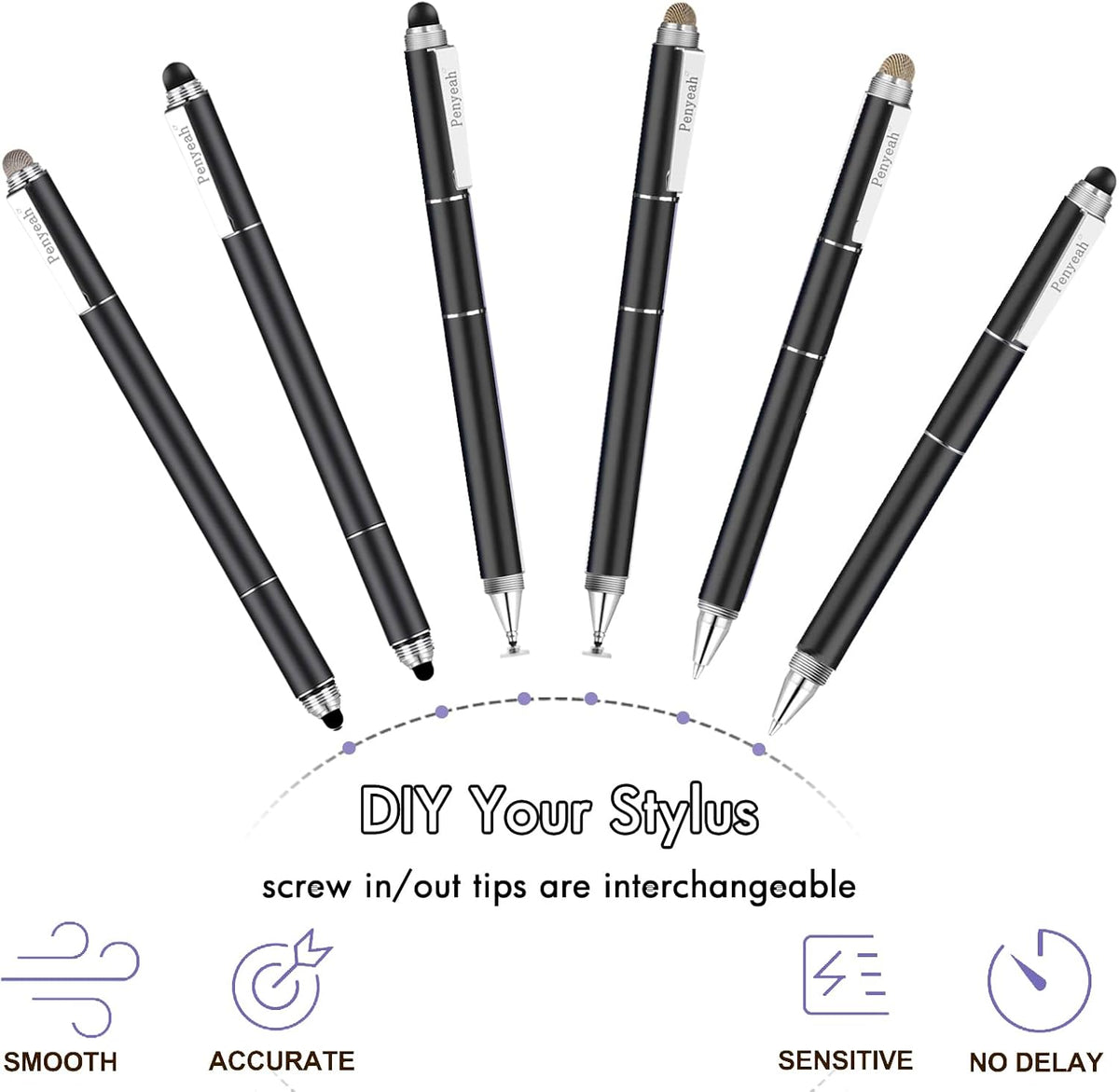Penyeah Stylus Pen, 4 in 1 Disc Stylus Pens for Touch Screens, High Precision and Sensitivity Universal Capacitive Stylus, Stylist for Tablets,iPhone,iPad,Laptops with 4 Replacement Tips - Black