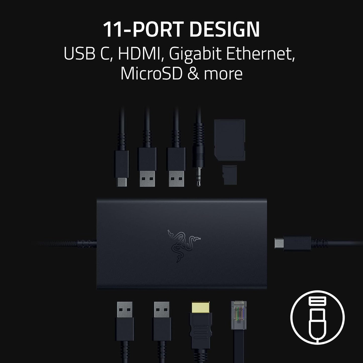 Razer USB C Dock 11-Port Travel Charging Station for Windows Mac Laptop iPad Surface Chromebook Galaxy Tab: Type C, HDMI, Ethernet, MicroSD - 4K 60 Hz Display - 85 W Tablets + Mobile Fast Charge