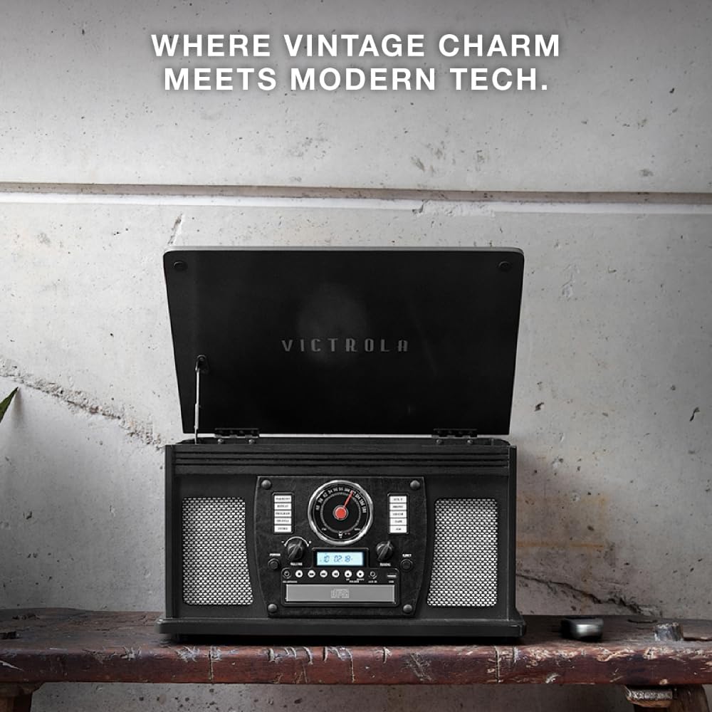 Victrola Navigator 8-in-1 Bluetooth Record Player with Built-in Speakers – 3 Speed Turntable, CD Player, Cassette, FM Radio, USB, RCA Out, Headphone Jack, Wireless Music Streaming, Real Wood (Black)