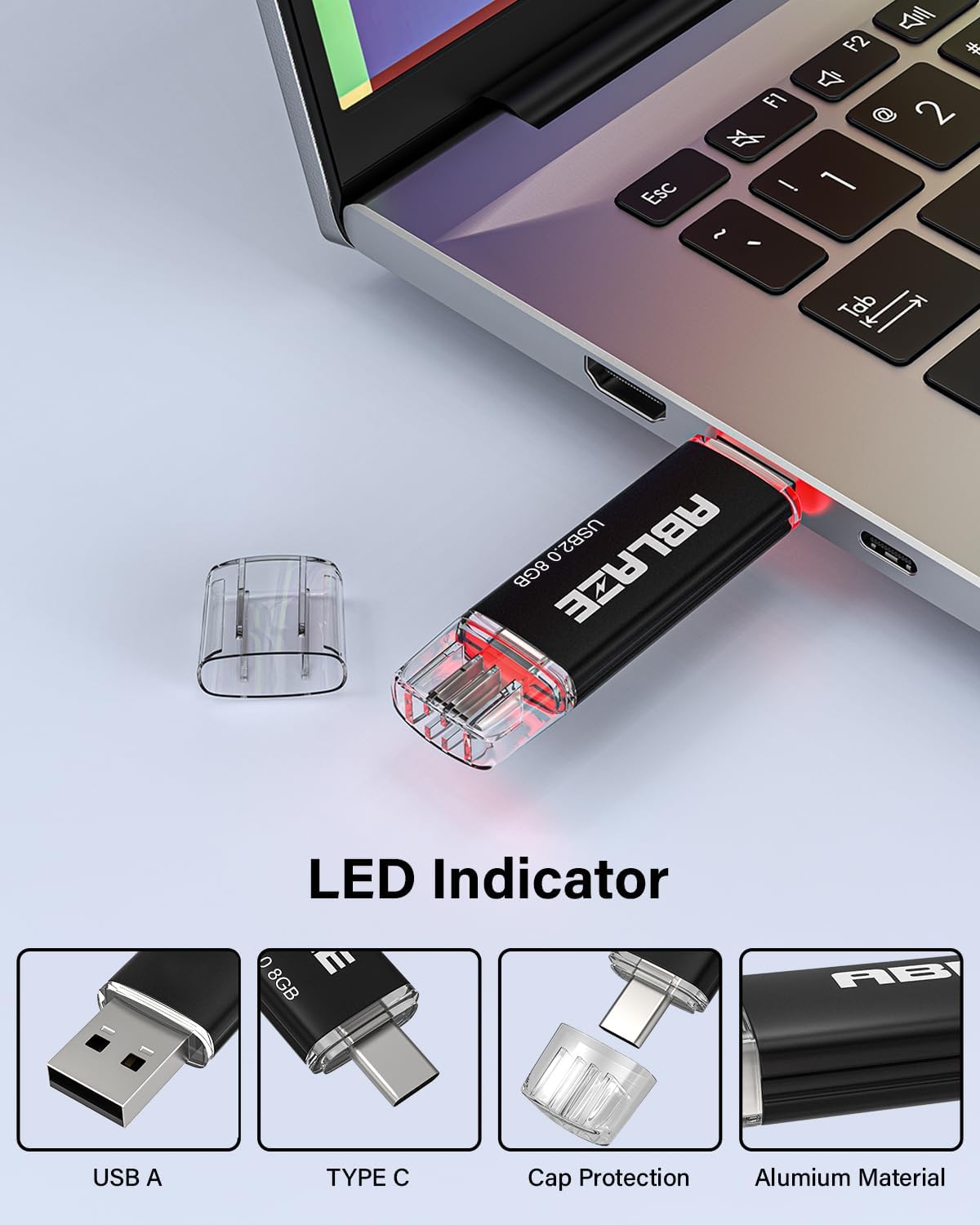 ABLAZE 8GB Type C Flash Drive 10 Pack, Dual USB 2.0+USB C Memory Stick Thumb Drive Compatible with iPhone 16/15, Android Smartphone, Computers, Tablets, Mac,iPad,PC
